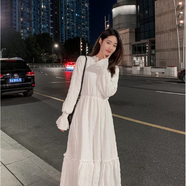 現(xiàn)寶蓮2025法式翻領(lǐng)氣質(zhì)連衣裙女春季撞色黑色假兩件赫本風長裙 淑女款長袖白色 S 建議80-95斤
