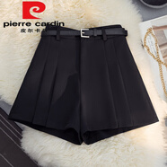 皮爾卡丹（pierre cardin）2025春夏新款西裝短褲女寬松高腰A字百褶褲裙休閑顯瘦闊腿短褲子 黑色【無腰帶】今年流行的輕奢品 M 95-105斤