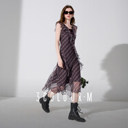 三彩2025夏季新款荷葉邊連衣裙格紋法式收腰A字裙飄帶長(cháng)裙浪漫M