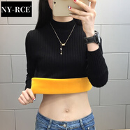 NY-RCE半高領(lǐng)加絨毛衣打底衫女新款秋冬女士加厚保暖修身內(nèi)搭針織衫 黑色((純色袖) 加絨 S