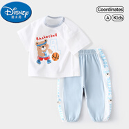 迪士尼（Disney）男童夏季套裝薄款寶寶短袖純棉嬰兒夏裝女童褲子網(wǎng)眼兒童夏日衣服 藍(lán)色小熊A 80 cm 建議身高70-80CM，體重16