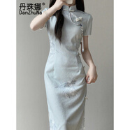 丹珠娜（DanZhuNa）新中式連衣裙2025年夏季新款改良版少女年輕款國(guó)風(fēng)旗袍長(zhǎng)裙子女裝 藍(lán)色旗袍（無(wú)飾品） S