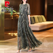 皮爾卡丹2025夏季新款高端時(shí)尚印花真.絲連衣裙女沙灘度假修身大擺長(zhǎng)裙 墨綠色 XL