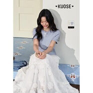 闊色（kuose）藍色針織T恤拼接蕾絲花邊下擺女2025夏季新款杏色蝴蝶結上衣 淺藍色 S