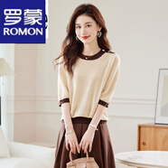羅蒙（ROMON）針織衫T恤女薄款2024春夏新款高端上衣七分袖打底衫時(shí)尚氣質(zhì)t恤女 米色 M 建議95-110斤