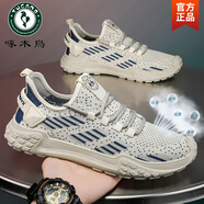 啄木鳥夏季透氣網(wǎng)鞋男跑步輕便運動老爹鞋飛織網(wǎng)面防臭男士休閑阿甘潮鞋 米色 39