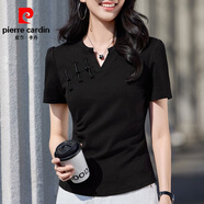 皮爾卡丹（pierre cardin）國(guó)風(fēng)小V領(lǐng)短袖T恤女裝2025夏季新款水滴盤扣中式修身黑色上衣體恤 黑色 S