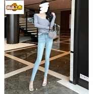 初徑2025新款高腰小腳褲夏秋新款韓國彈力牛仔褲女修身緊身包臀顯瘦九 淺藍色 S 80-95斤