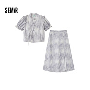 森馬觀(guān)園吉聯(lián)名連衣裙女短款上衣開(kāi)叉長(cháng)裙兩件套24夏新中式裙子 紫色調00477 S