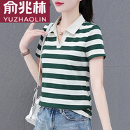 俞兆林（YUZHAOLIN）棉條紋短袖t恤女夏季2025新款中年時(shí)尚翻領(lǐng)polo衫女士上衣T恤女 綠條紋 2XL (推薦125-140斤)