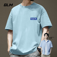 GLM敖瑞鵬代言短袖t恤男夏季休閑港風(fēng)學(xué)生青少年寬松潮搭純棉體恤ins 【純棉】淺藍(lán)#easy XL
