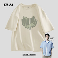 GLM敖瑞鵬代言ins潮牌T恤短袖男純棉港風(fēng)復(fù)古青少年男裝寬松半袖體恤 純棉【淺米 膠帶心】 L