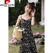 皮爾卡丹（pierre cardin）復(fù)古碎花雪紡中長裙黑色時尚吊帶無袖2025年新季新品 黑色碎花吊帶裙 M
