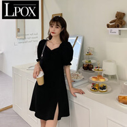 LPOX韓版復(fù)古氣質(zhì)小黑裙木耳邊娃娃領(lǐng)收腰顯瘦連衣裙女學(xué)生夏季a字裙 黑色[開(kāi)叉款版] M