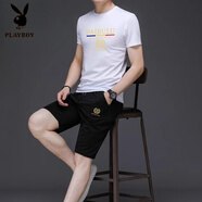 花花公子（PLAYBOY）品牌運動休閑兩件套裝男士短袖冰絲圓領(lǐng)夏季新款中青年T恤男潮 白色金928短袖短褲 M 165/80A 建議100-120斤穿