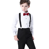 兒童禮服男童馬甲套裝禮服韓版小禮服套裝花童男孩鋼琴演出服男童表演童裝春秋 白長(cháng)袖襯衫+黑長(cháng)褲+酒紅領(lǐng)結+黑背帶 120