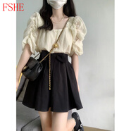 FSHE夏季套裝女小個(gè)子法式泡泡短袖襯衫奶系百褶半身裙兩件套甜美減齡 杏襯衫+黑短裙【兩件套裝】 XL 【設(shè)計(jì)感小眾/甜辣妹純欲/可
