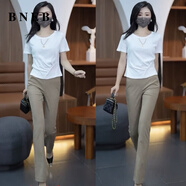 BNEB夏季復(fù)古時(shí)尚套裝女2025新款洋氣短袖T恤高檔氣質(zhì)微喇叭褲一整套 白色短袖+卡其褲子（套裝） S 建議（80-95斤）