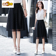 初徑2025新款蕾絲裙黑色半身裙中長(cháng)款大擺裙裙a字裙韓版高腰女蓬蓬裙 黑色 S