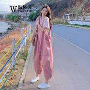 溫格芳 休閑背帶褲女2025夏季新款韓系穿搭減齡時(shí)尚套裝寬松束腳連體褲 粉色背帶褲 S
