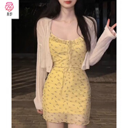 真即純欲碎花網(wǎng)紗小吊帶連衣裙子夏季新款韓版修身性感包臀裙甜辣短裙 黃色 S