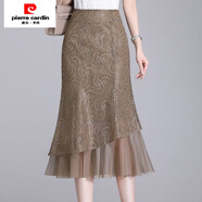 皮爾卡丹（pierre cardin）蕾絲半身裙女夏季包臀拼接網(wǎng)紗裙新款大碼高腰顯瘦中長(cháng)款一步裙子 咖色 L