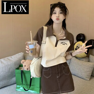 LPOX拼色百搭短袖polo領(lǐng)t恤女夏季美式復古韓版國潮牌短款高腰上衣ins 杏色 M _85-105斤
