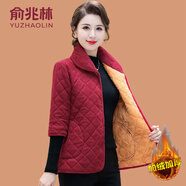 俞兆林（YUZHAOLIN）媽媽冬裝加絨棉衣外套中袖馬夾棉服中老年女裝大碼半截袖馬甲棉襖 酒紅色 2XL (參考105-120斤)