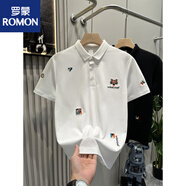 羅蒙（ROMON）夏季超火精致刺繡polo衫男裝港風(fēng)潮流感虎頭設(shè)計翻領(lǐng)體恤 白色 M 建議80-100斤