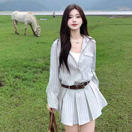 妙奕嘉長(cháng)袖連衣裙女2025春秋季新款裙子女士夏季純欲法式小個(gè)子顯瘦高級 長(cháng)袖條紋襯衫連衣裙【配腰帶】 M 【建議105斤內】