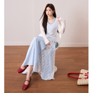 藍語(yǔ)大碼女裝天絲防曬上衣掛脖背心蕾絲半身長(cháng)裙夏日絕美套裝穿搭 藍色半身裙 現貨 2XL 【建議140-160斤】