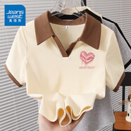 真維斯（JEANSWEST）polo領(lǐng)短袖t恤女夏季2025新款設(shè)計(jì)感翻領(lǐng)撞色上衣學(xué)院風(fēng)純棉體恤 米撞棕 漸層愛心_K XL