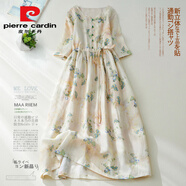 皮爾卡丹（pierre cardin）日系棉麻連衣裙寬松顯瘦系帶印花中袖亞麻苧麻大擺旗袍長(cháng)裙 黃色(少量現貨) 加購收藏優(yōu)先*今 M 【建議85-110斤】