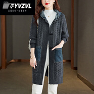 FYVZVL牛仔拼接羊毛針織開衫外套女春秋加厚寬松連帽粗棒針毛衣開衫長(zhǎng)款 灰色 L