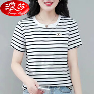 浪莎夏季新款純棉黑白條紋女士T恤短袖時尚百搭體恤休閑顯瘦條紋上衣 黑白條紋【純棉條紋】 L 【建議99-111斤】