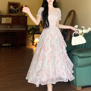 S.SOFEA法式方領(lǐng)碎花雪紡連衣裙顯瘦仙女長(cháng)裙夏季大碼氣質(zhì) 粉色 L