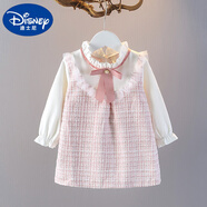 迪士尼（Disney）2025年春季新款女童連衣裙假2件格子小香風(fēng)A字裙寶寶長(cháng)袖拼接公主 毛毛小香風(fēng)粉色 90 (身高85)
