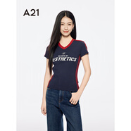 A21女裝印花字母撞色V領(lǐng)T袖2025夏新款韓版修身顯瘦短袖套頭上衣 寶藍(lán) L