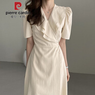 皮爾卡丹（pierre cardin）韓國chic法式復古雙層領(lǐng)斜扣收腰顯瘦中長(cháng)款一片式泡泡袖連衣裙女 杏色 M
