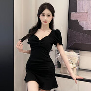 拼搏奇人純欲風(fēng)夏季v領(lǐng)連衣裙辣妹性感魚(yú)尾收腰修身顯瘦氣質(zhì)荷葉皺小黑裙 黑色 升級款彈力面料 L  建議110斤左右穿