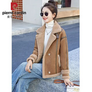 皮爾卡丹（pierre cardin）皮毛一體羊.羔毛外套女短款2025新款秋冬加厚羊羔絨機(jī)車服潮 咖啡色 M (100-110斤)