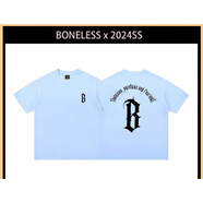 BONELESSBONEESS背后圓弧ogo重磅復(fù)古夏季短袖寬松百搭男女情侶體恤短袖半 淺藍(lán)色 L