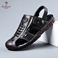 西域駱駝包頭涼鞋男真皮休閑牛筋底頭層牛皮沙灘鞋兩用開(kāi)車(chē)耐磨防滑爸爸鞋 9021黑色(涼拖兩用款) 44