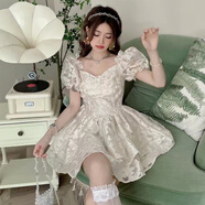 EINDKAD復(fù)古風(fēng)甜美拼接方口領(lǐng)連衣裙女學(xué)生夏季感收腰氣質(zhì)公主蓬蓬裙 圖片色 L