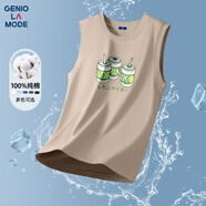GENIOLAMODE背心男夏季純棉透氣休閑打底百搭印花無袖t恤男裝衣服潮 沙色 M