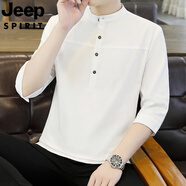 JEEP SPIRIT吉普品牌2025棉麻七分袖t恤男夏季條紋短袖立領(lǐng)五分袖純色百搭潮 1899白色 M 105斤內(nèi)