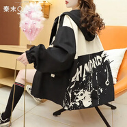 QINMO 炸街外套女春秋季新款洋氣網(wǎng)紅學(xué)生百搭寬松港味風(fēng)衣連帽夾克女 黑色（春秋款） L 110-125斤
