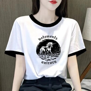 醉馨康純棉短袖t恤女2025夏季寬松韓版百搭正肩撞色顯瘦圓領(lǐng)女裝打底衫 白色4 黑領(lǐng)【獨角獸】 XL 建議115-130斤
