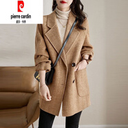 皮爾卡丹（pierre cardin）2025新款雙面絨大衣秋冬高端女裝小個子韓版手工羊毛呢子外套 駝色(人字紋) S ( 90-115斤 )