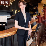 晨芙小西裝外套女夏短袖職業(yè)正裝西服套裝氣質(zhì)白領(lǐng)工裝酒店前臺工作服 藏青色西裝+九分褲 L 建議100-110斤